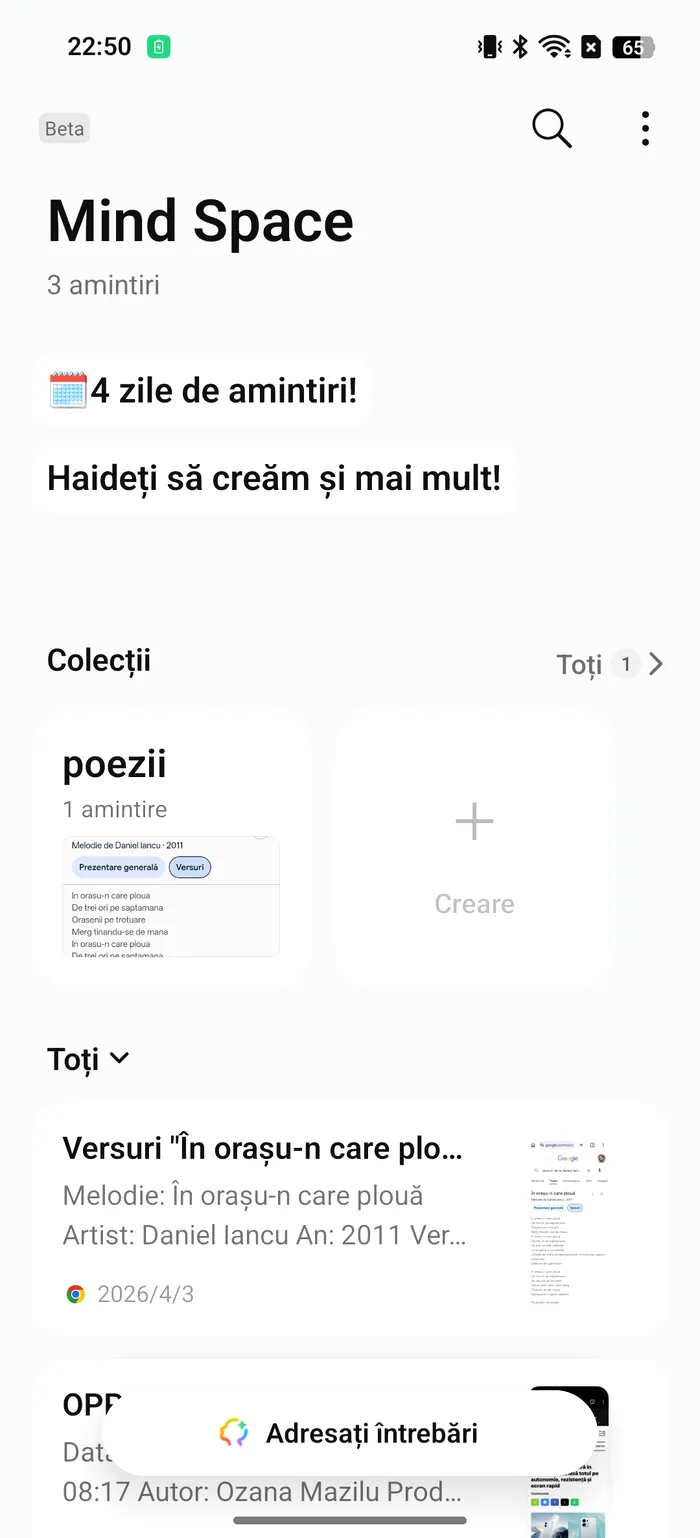 O pagină din universul Mind Space pe Oppo Reno14 5G care te ajută să nu mai pierzi nimic