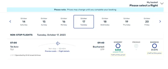 Cât costă un bilet de la EL Al pe ruta Tel Aviv-București
