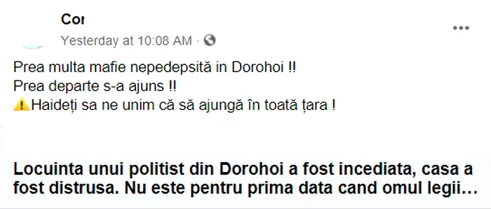 Casa unui polițist din Dorohoi, județul Botoșani, incendiată chiar în noaptea în care omul legii petrecea la botezul fetiței sale. Mesajul disperat al soției