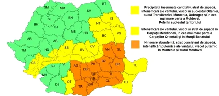 Zonele afectate de codul portocaliu și cel galben