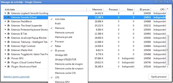 Chrome task manager extensii add-ons