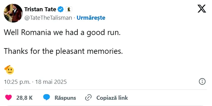 Dupa ce Nicusor Dan a castigat alegerile, Tristan Tate anunta ca pleaca din Romania