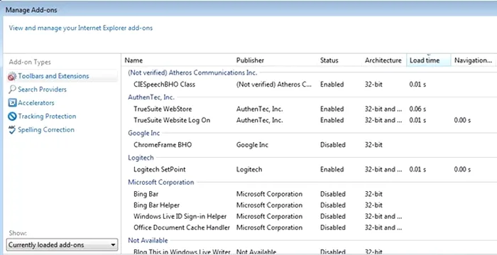 Internet Explorer Task Manager extensii add-ons