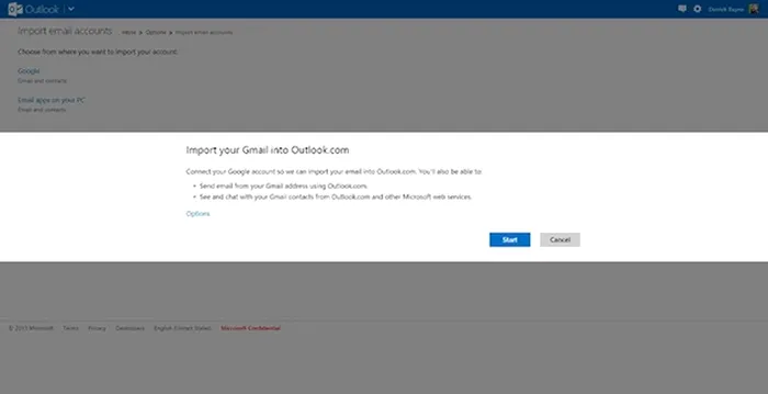 Google Gmail Microsoft Outlook.com import