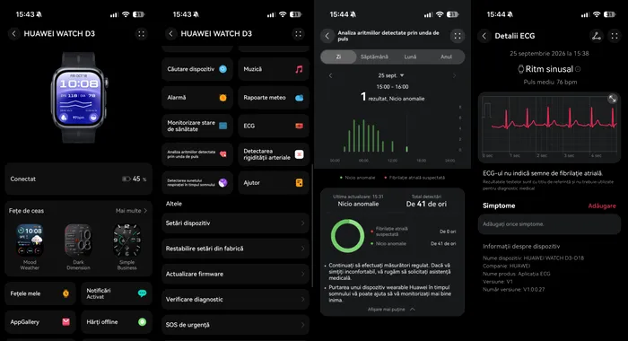 Câteva dintre opțiunile disponibile în HUAWEI Health pentru WATCH D3
