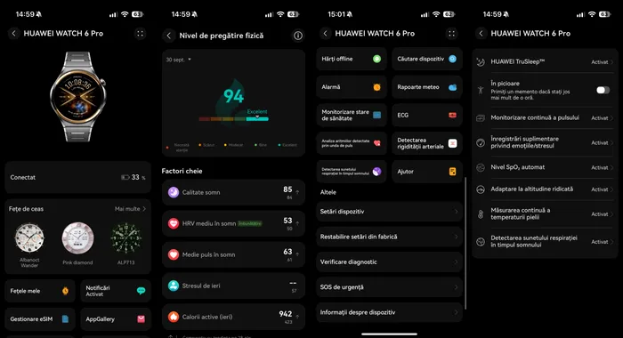 Câteva dintre opțiunile prezente în aplicația HUAWEI Health
