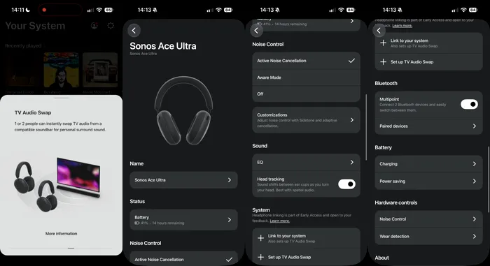Câteva dintre funcțiile Sonos Ace Ultra din aplicația de mobil