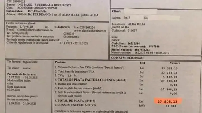 Factura de 27000 lei curent electric romania