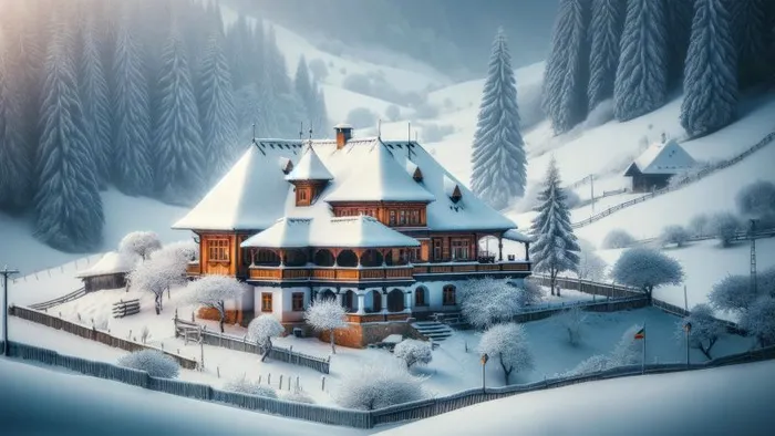 casa romaneasca cu zapada