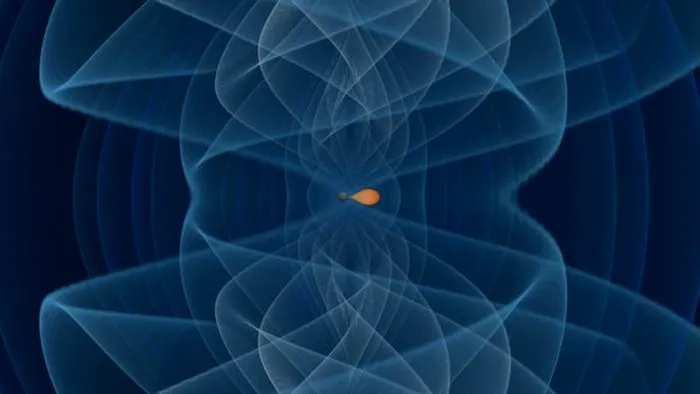 Această imagine ilustrează fuziunea unei găuri negre din golul de masă mică (suprafață gri închis) cu o stea neutron, ale cărei culori variază de la portocaliu închis (1 milion de tone pe centimetru cub) la alb (600 de milioane de tone pe centimetru cub). Semnalul undei gravitaționale este reprezentat printr-un set de valori ale amplitudinii deformării polarizației plus, folosind culori de la albastru închis la cyan.