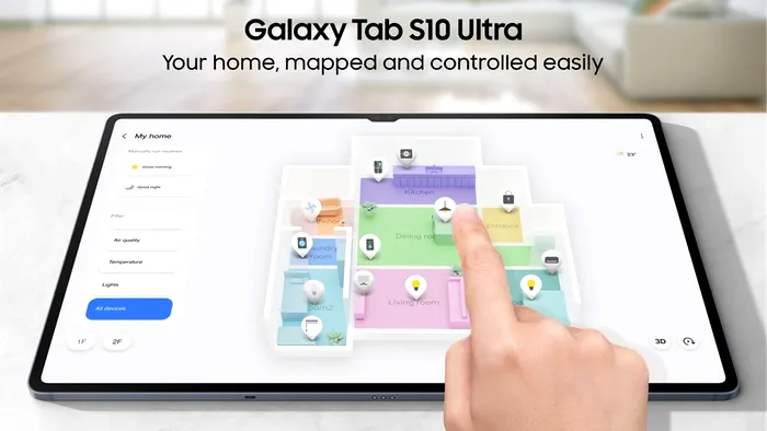 Galaxy Tab S10 Ultra se poate transforma într-un veritabil centru de control al casei inteligente. Prin funcția 3D Map View, tableta oferă o reprezentare vizuală a locuinței și a dispozitivelor SmartThings din fiecare încăpere, astfel încât utilizatorul să poată monitoriza și controla luminile, temperatura, aparatele și senzorii cu ușurință – totul de pe ecranul generos al tabletei.
