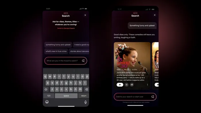 Platforma testează o funcție de căutare bazată pe inteligență artificială generativă, care va sugera filme și seriale în funcție de starea de spirit sau interese.
