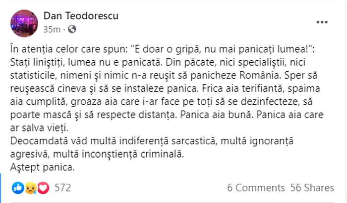 ”Având în vedere evoluția infectărilor şi a deceselor este evident faptul că ne paşte o carantină națională.”