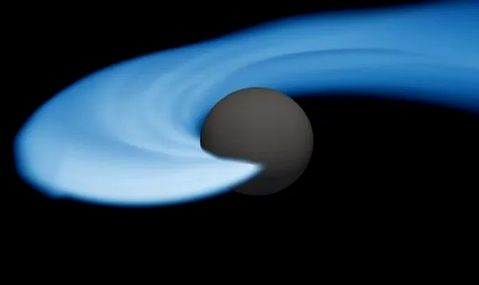Impresia artistică a unei fuziuni între o stea neutron (albastră) și o gaură neagră din golul de masă mică.