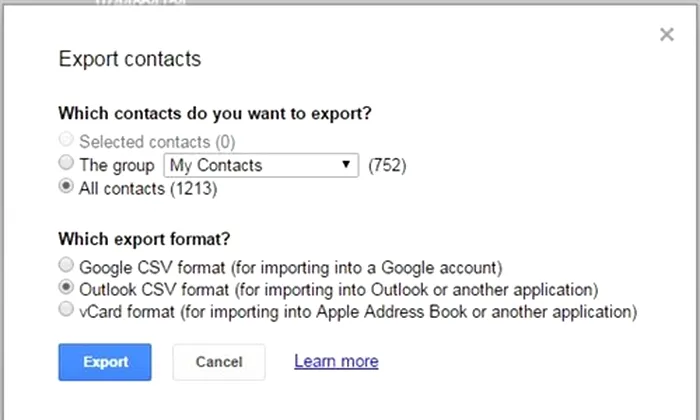 Gmail Outlook export format contacte