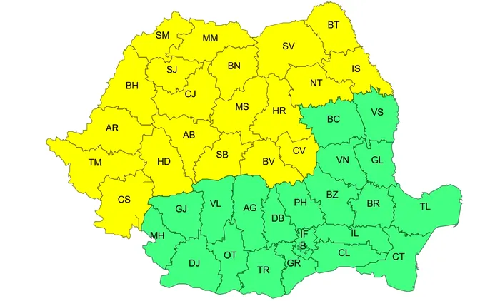 Cod galben de vijelii în intervalul 7 iulie, ora 23 – 08 iulie, ora 12. Sursă foto: ANM
