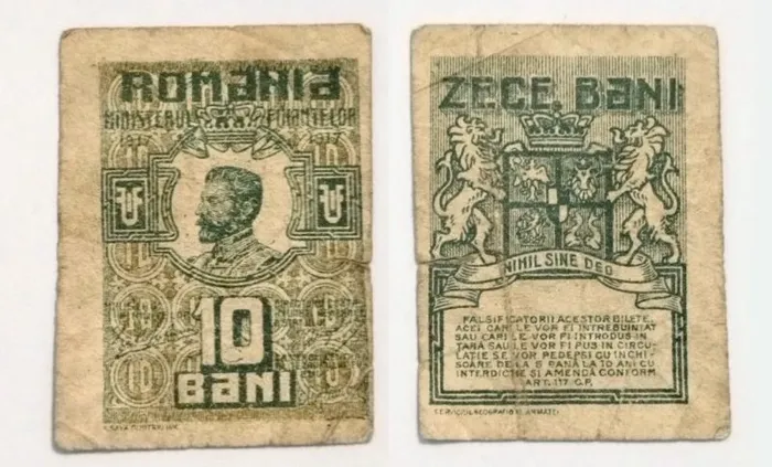 Bancnota de 10 bani emisa in 1917 pe timpul Regelui Ferdinand Romania