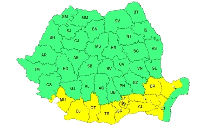 Harta județelor afectate de caniculă Sursă foto - ANM