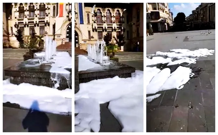 Farsă de zile mari în Craiova. Fântâna s-a transformat într-un jacuzzi cu spumă
