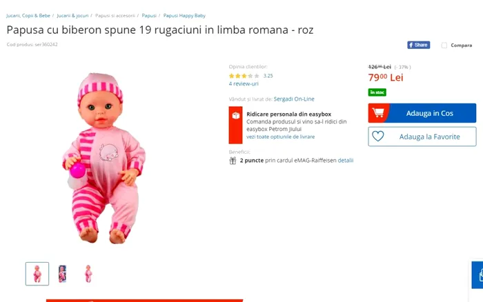 Păpușa care spune rugăciuni în română, pe eMag