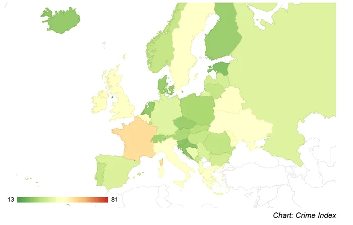 Harta europeană a siguranței. Sursa foto - Numbeo