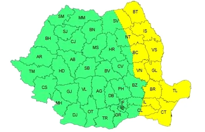 Județele vizate de codul Galben de vânt puternic