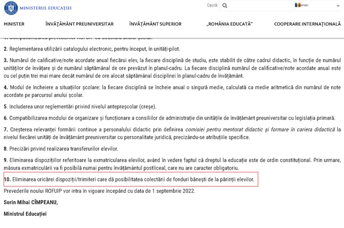 Moinisterul Educației a emis un ordin clar prin care interzice strângerea de fonduri de la părinți, încă din anul 2022