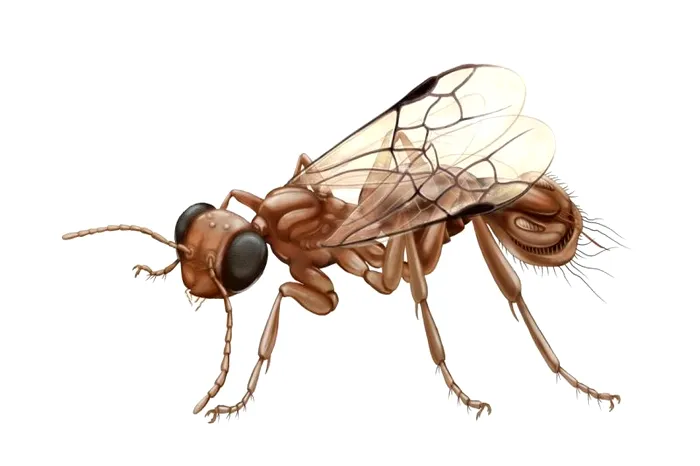 O reconstrucție a exemplarului Sirenobethylus charybdis ilustrează bizara structură de prindere a viespei.