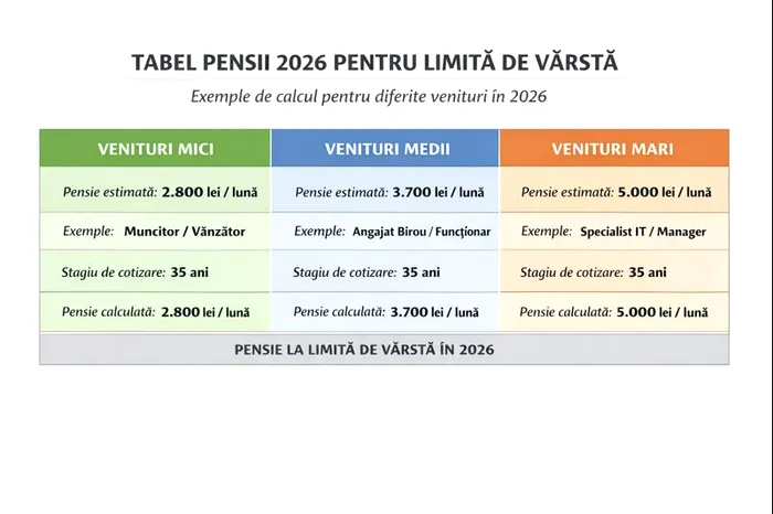 Tabel pensii 2026 pentru limită de vârstă
