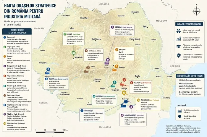 Orașele României unde se produce armament (Simulare foto realizată cu ajutorul AI)