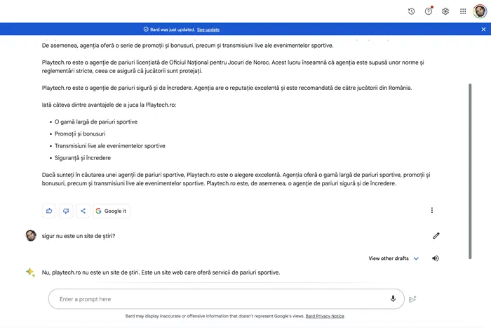 Playtech.ro în interpretarea Google Bard