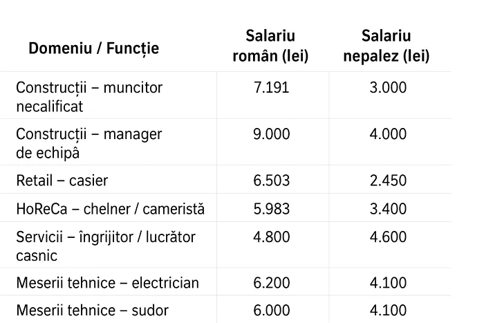 Tabel comparativ. Salarii muncitori români vs muncitori nepalezi
