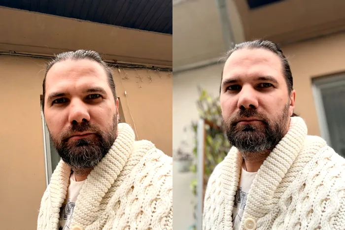 Selfie cu iPhone Duo cu camera de pe ecranul extern, fără și cu portret