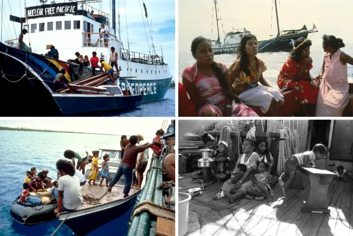 Locuitorii insulei Rongelap au fost îngrămădiți pe micul vas Rainbow Warrior, aparținând organizației Greenpeace, împreună cu unele părți din locuințele lor. Călătoria, care a durat zile întregi, a fost extrem de epuizantă, mai ales pentru copii și mamele lor, deja afectați de condițiile dificile și de trauma evacuării.