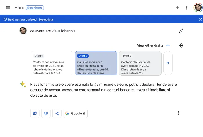 Avere Klaus Iohannis, în interpretarea lui Google Bard