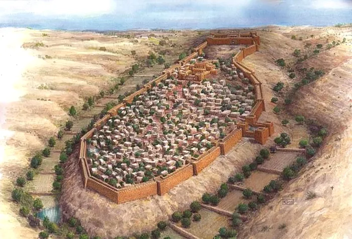 Ilustrație a fortificației orașului din perioada Primului Templu, construită în zilele regelui Uzia, în jurul anilor 783 până în 742 î.Hr.