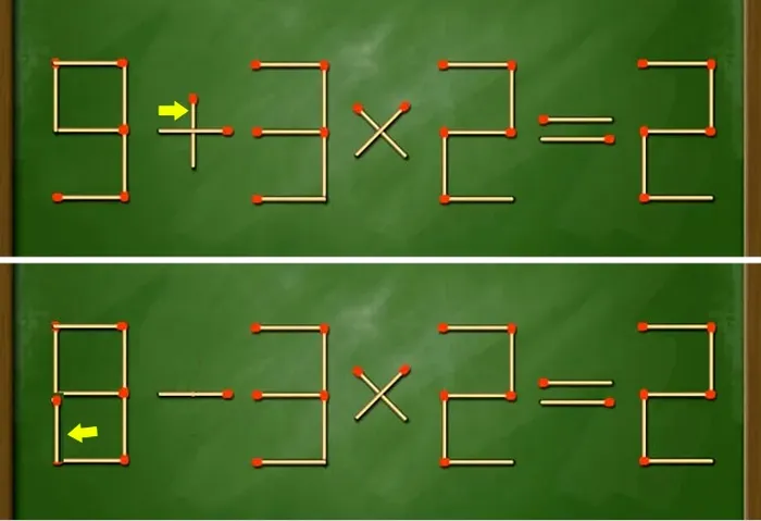 9 + 3 x 2 = 2 nu este corect, însă poți muta un băț de chibrit ca să găsești soluția