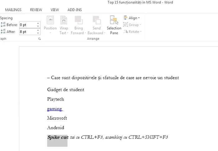 msword spike cut CTRL F3 si CTRL SHIFT F3