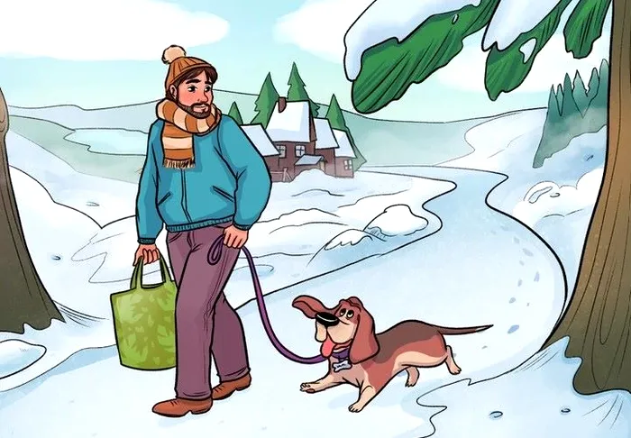Test de atentie pentru iarna. Gaseste greseala din imaginea unde un barbat isi plimba cainele prin zapada