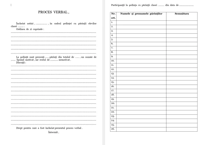 Model de proces verbal pentru sedintele cu parintii