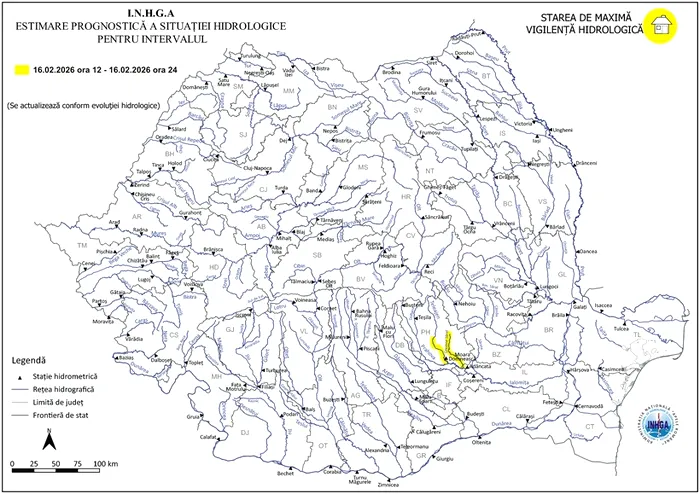 Zonele afectate de Codul galben de inundații Foto - I.N.H.G.A
