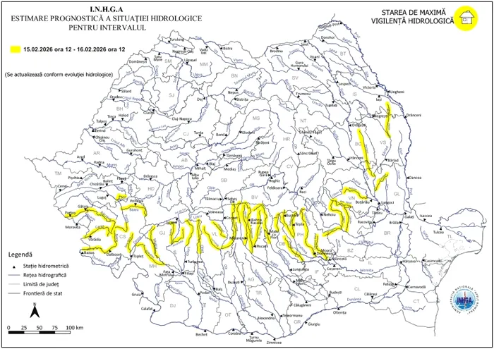 Zonele afectate de Codul galben de inundații Foto - I.N.H.G.A