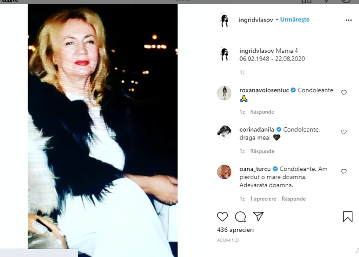 Ingrid Vlasov, în doliu. Mama ei a murit de covid-19 ”Starea ei s-a agravat brusc”