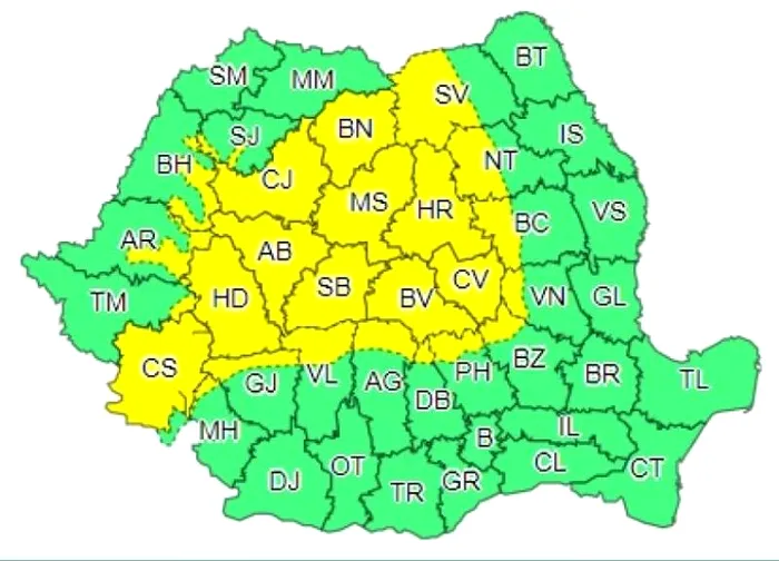 Cod galben de ploi în 24 de județe din țară