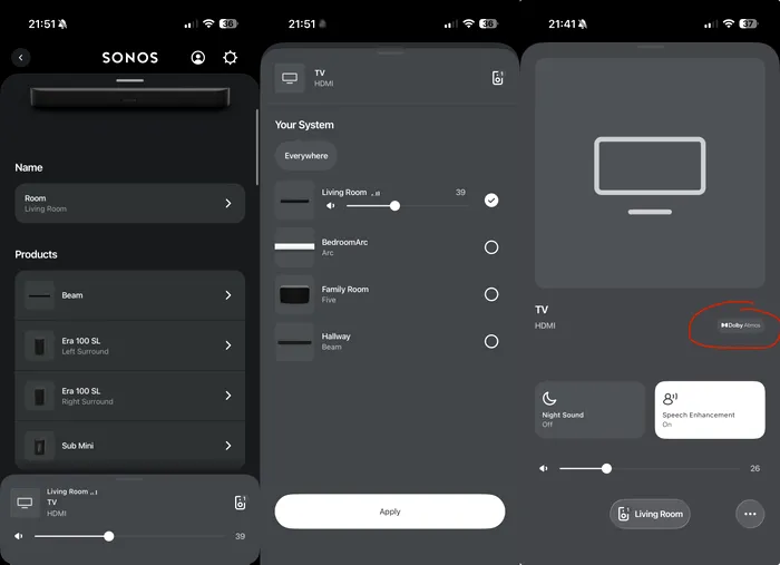 Aplicația Sonos îți confirmă imediat că te bucuri de o coloană sonoră Dolby Atmos