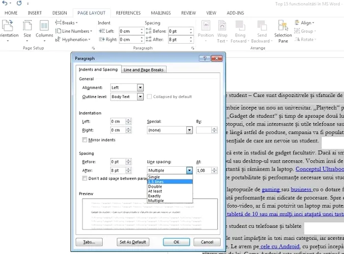 msword spatiere si aliniere