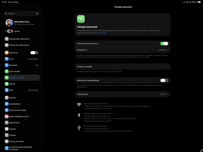 În Settings (Configurări) la Hotspot Personal găsești toți parametrii necesari