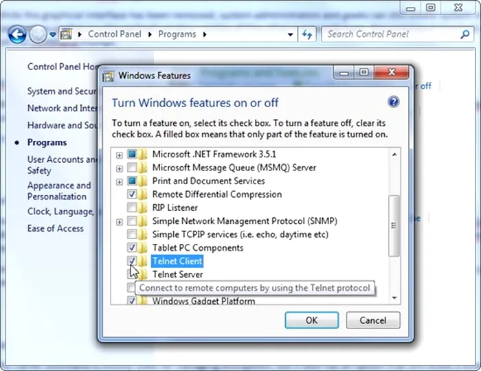 Install Windows Telnet Client