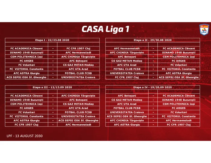 Program Liga 1 2020/2021. Când se dispută derby-urile Dinamo – FCSB și CFR – FCSB