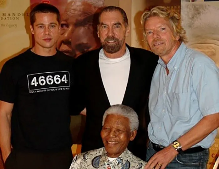 În imagine apar Brad Pitt, Paul DeJoria, Richard Branson și Nelson Mandela.